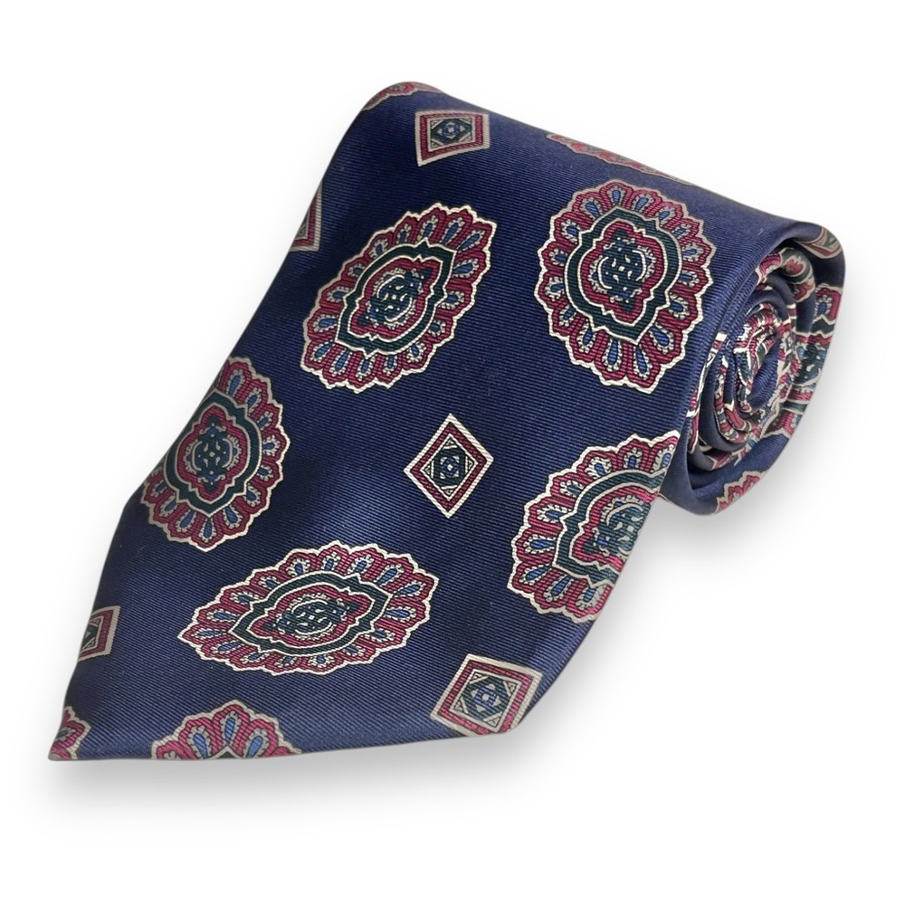 CHRISTIAN DIOR Tan & Dark Red Medallion Print Silk Tie
